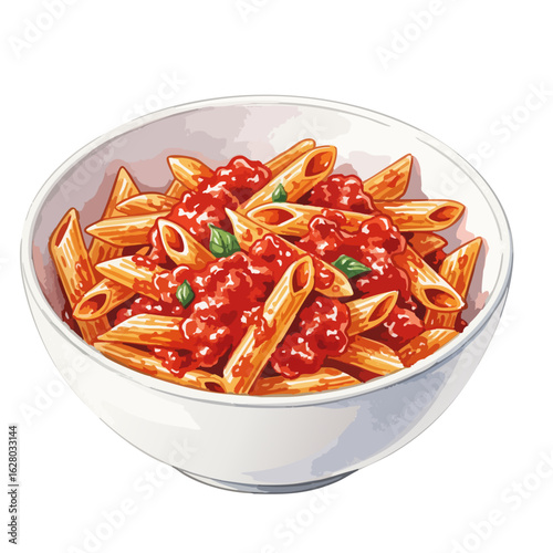 A bowl of red sauce penne pasta on a White Background- Watercolour Art