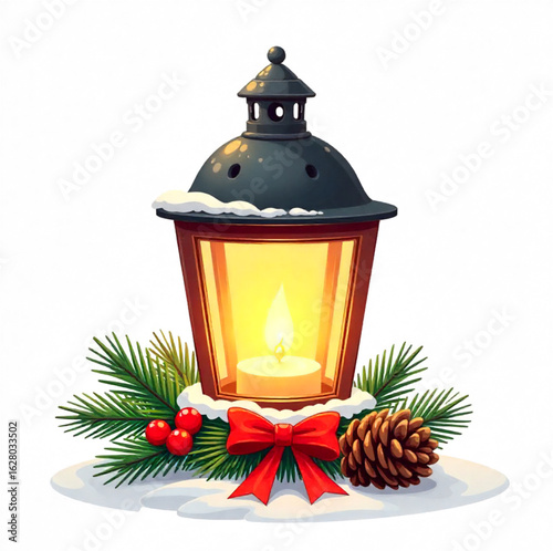 Snow-covered black outdoor lantern with Christmas decorations like fir branches, pine cones, ribbons
