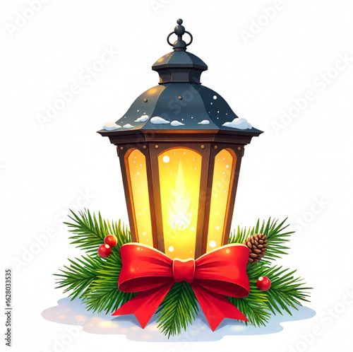 Snow-covered black outdoor lantern with Christmas decorations like fir branches, pine cones, ribbons