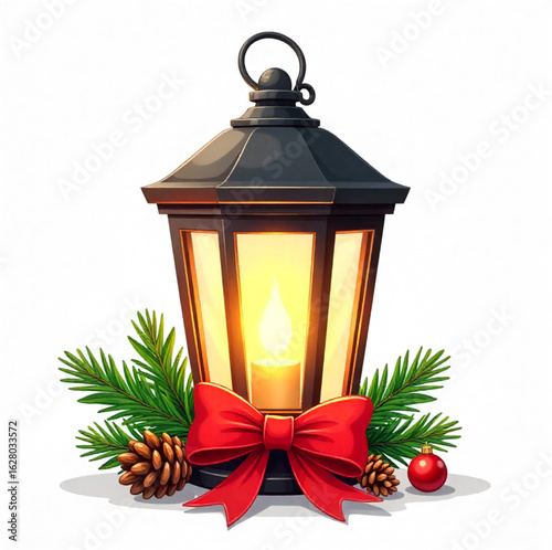 dark brown outdoor lantern with Christmas decorations like fir branches, pine cones, ribbons