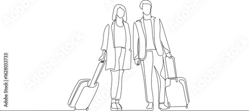 Couple Travelers with Luggage. One Continuous Line Drawing of Tourists on a Journey Together