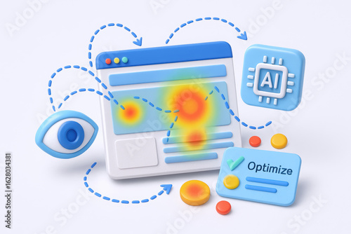 A colorful illustration of website optimization, featuring a heatmap representation and AI tools that enhance user engagement.