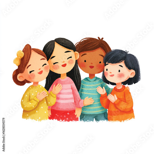 Four diverse children with closed eyes hands on chest wearing colorful striped sweaters