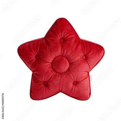Vibrant crimson star pillow, soft texture, detailed button tufting, festive charm with transparent