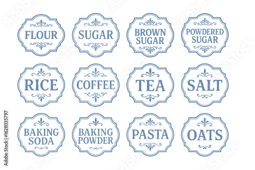set of vintage pantry labels with blue frames and serif typography on white background including flour sugar rice pasta oats salt coffee tea and baking items, vector illustration, concept of kitchen