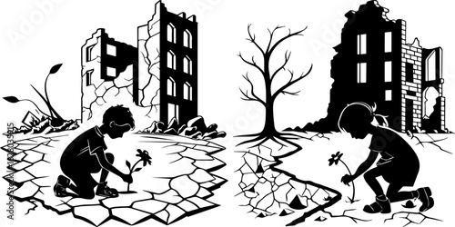 Hope in Desolation - Children Planting Flowers in Cracked Earth Amidst Ruins