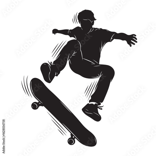 Dynamic silhouette of a skateboarder performing an aerial trick against a white background