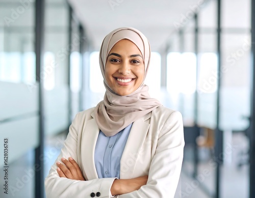 Confident muslim professional woman wearing hijab stands in modern office setting with arms crossed