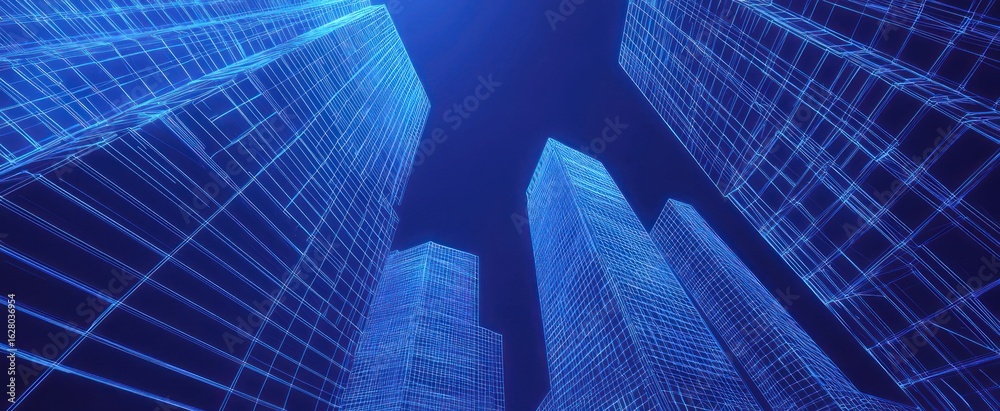 Obraz premium Abstract view of a skyscrapers. Blue modern glass silhouettes of polygonal skyscrapers in the city. Low poly wireframe 3D illustration. Bottom view of modern skyscrapers in business district