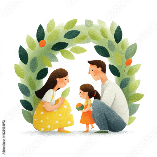 Illustrated family portrait with mother father and daughter under a leafy arch
