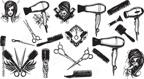Assortment of gothic hairstyling tools and edgy female portraits in black and white dark