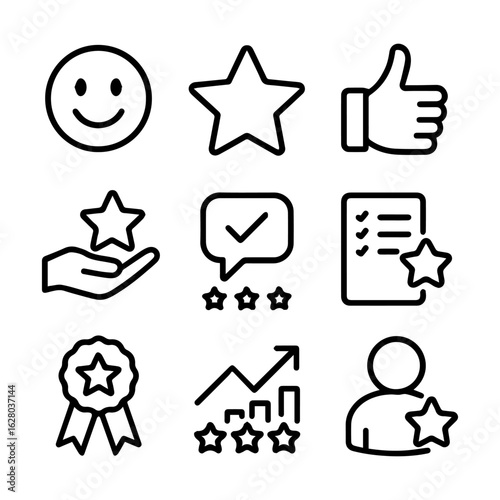 Collection of Simple Black and White Icons Representing Positive Feedback and Ratings.