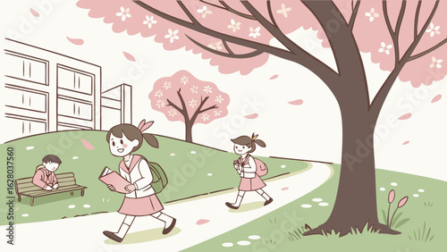 Illustration of students walking to school under cherry blossom trees with a boy on a bench near building