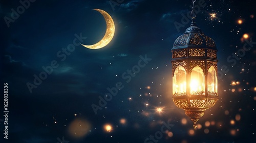 Mystic Crescent Moon Over Night Sky with Glowing Lantern Illustration