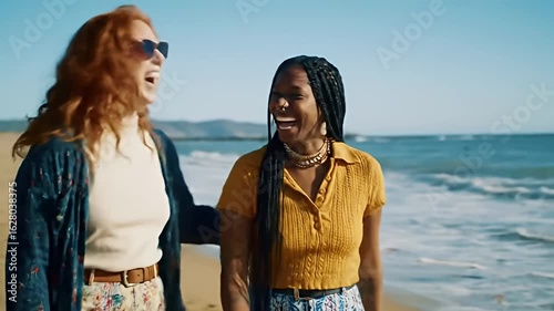 Two women laugh as they stroll a sandy beach, waves crashing gently behind them
