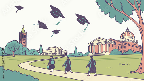 Illustration of graduates walking on a path with buildings and mortarboards in the background on campus grounds