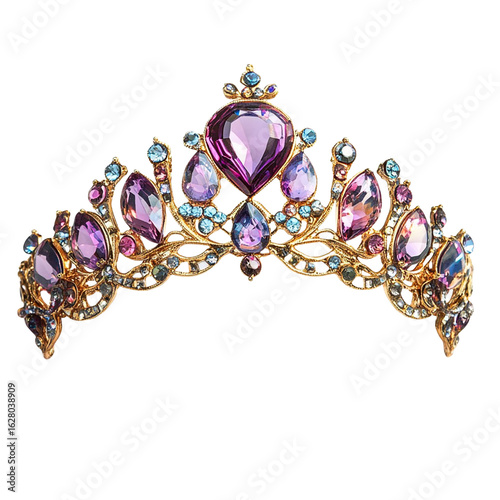 Gold tiara with purple and blue gems ornate royal jewelry isolated on transparent background cutout