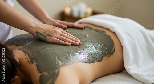 Hands applying grey mud mask onto a persons bare back during a spa treatment with a white towel