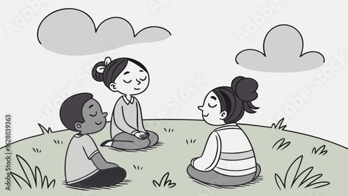 Three children meditating together outdoors on a grassy hill beneath fluffy clouds in a peaceful setting