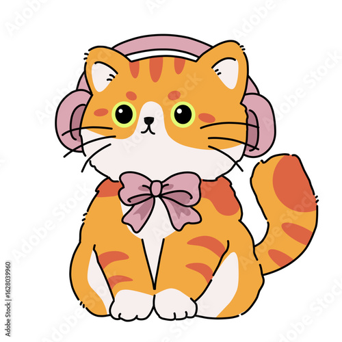 Orange cat wearing headphones vector illustration art 