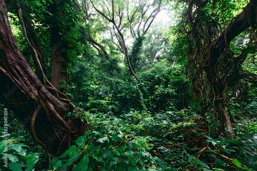 Fototapeta premium Lush jungle with dense plants, towering trees, and intertwining vines.