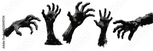 Set of halloween zombie undead hands halftone grunge vector design elements