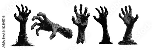 Set of halloween zombie undead hands halftone grunge vector design elements