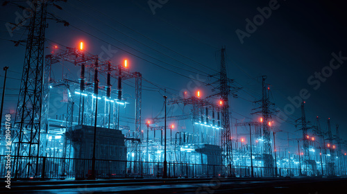 Illuminated high-voltage substation with glowing insulators under night sky