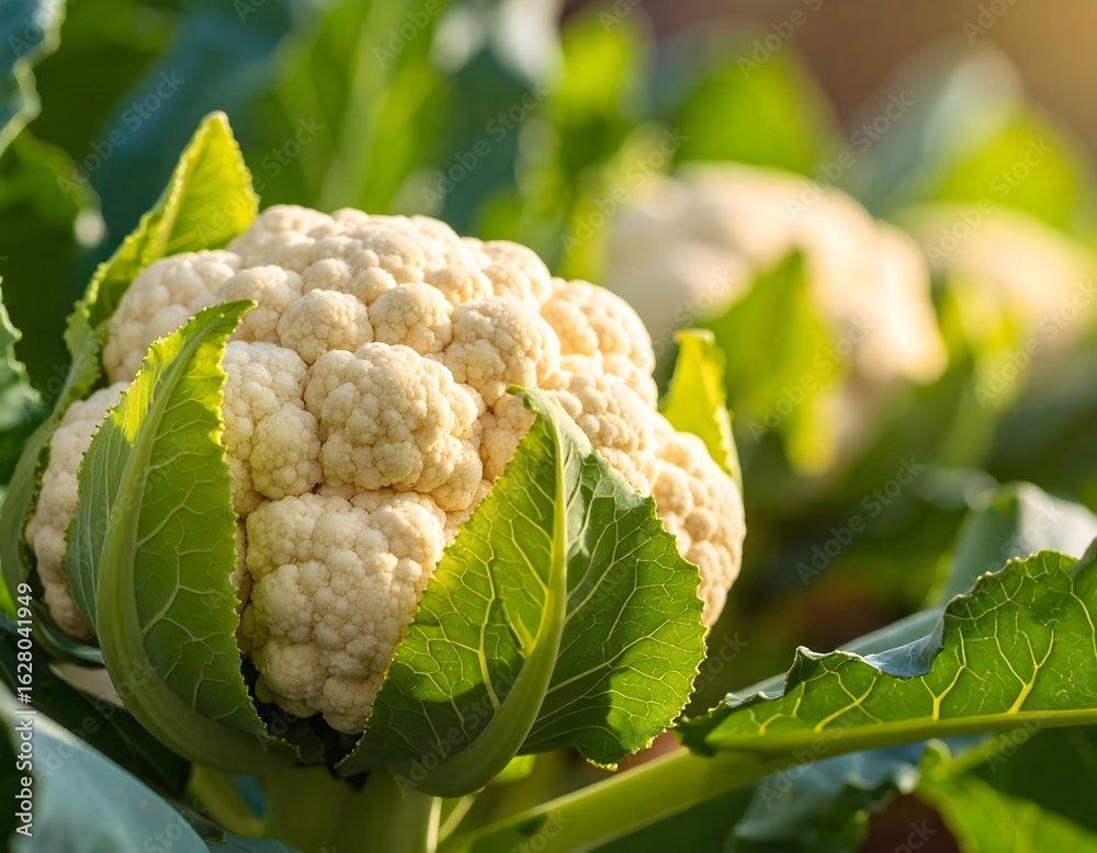 Fototapeta premium Fresh cauliflower heads growing on green leafy plants in a sunlit agricultural field.