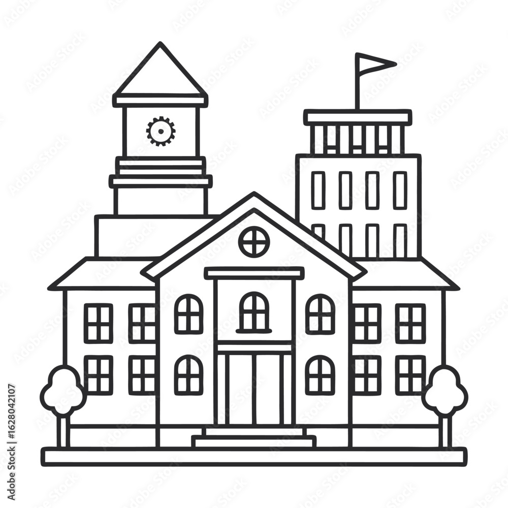 Fototapeta premium Outline drawing of a school building with a clock tower isolated on white background