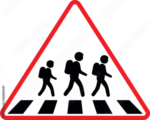 School crossing traffic warning sign. Children walking symbol for pedestrian safety near school zones, road caution icon in black and white vector
