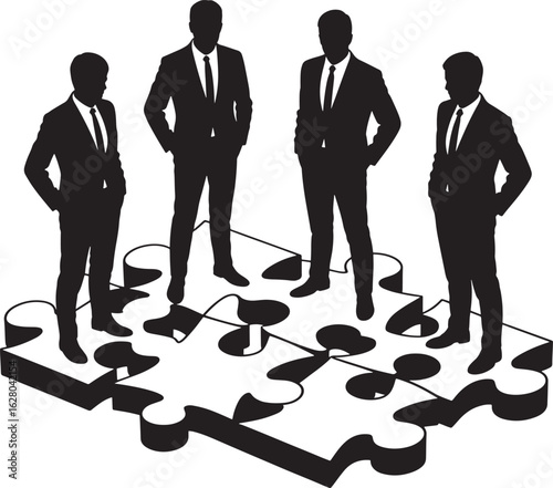 Silhouette of Business Team Standing on Jigsaw Puzzle Pieces on a Transparent Background