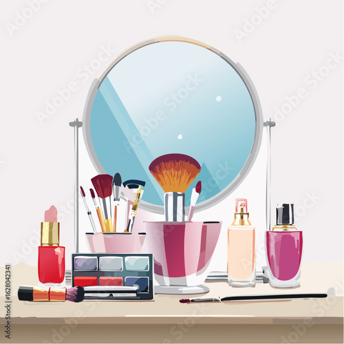 A collection of makeup and cosmetic items including brushes, lipstick, eyeshadow palette, and perfume bottles arranged before a circular mirror