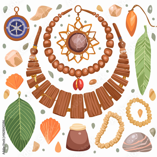 A collection of natural and handcrafted jewelry including necklaces and bracelets made from wood beads shells and stones.
