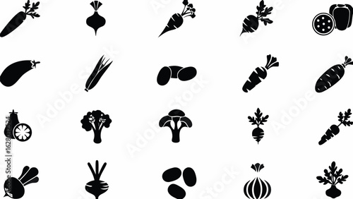 Illustration showing a variety of black and white vegetables in a grid pattern on a white background