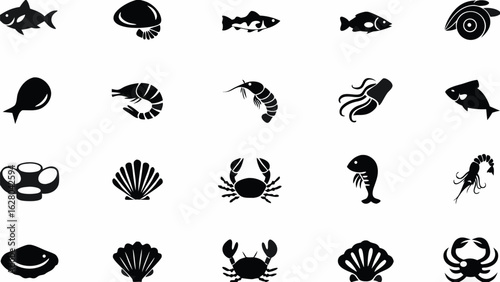 Illustration of various sea creatures including fish, shrimp, crabs, shells, and other marine life icons