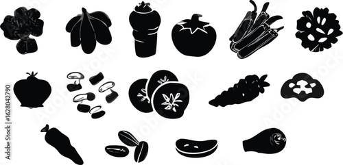 Silhouette illustration showcasing an assortment of vegetables and food items in black and white