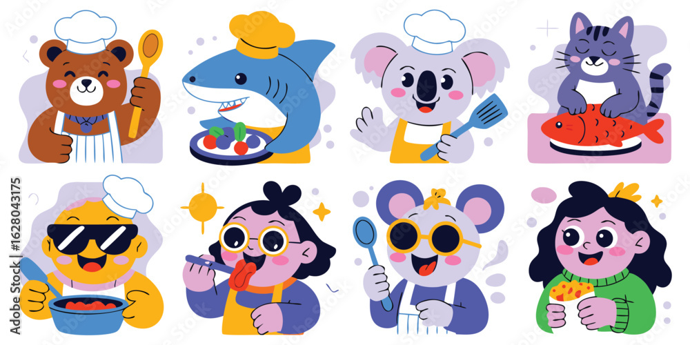 Obraz premium Cartoon Animals and People Cooking and Tasting Food Bear, Shark, Koala, Cat, Children