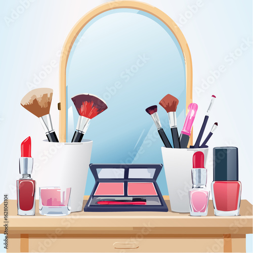 A vanity mirror reflects a collection of makeup brushes, lipsticks, nail polish, and eyeshadow palette arranged on a wooden surface, creating a beauty and personal care theme.