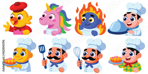 Cartoon Animal and Human Chefs Chicken, Unicorn, Fire Spirit and Pastry Cooks Characters
