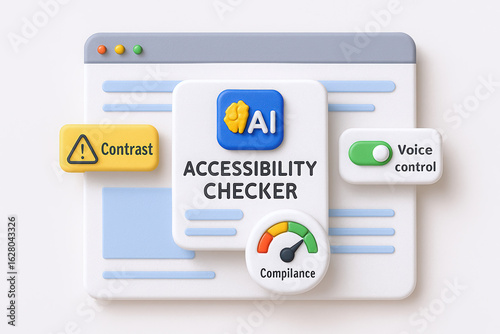 An illustration of an accessibility checker interface featuring accessibility options such as contrast, voice control, and compliance indicators.