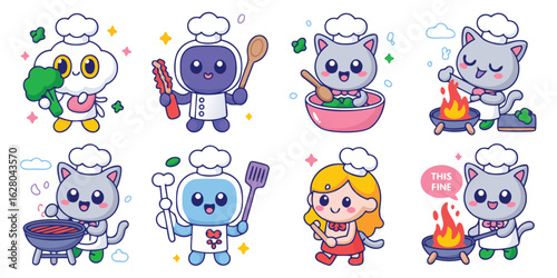 Cartoon Chef Characters Collection Cats, Girl, and Abstract Shapes Cooking with Utensils and Food