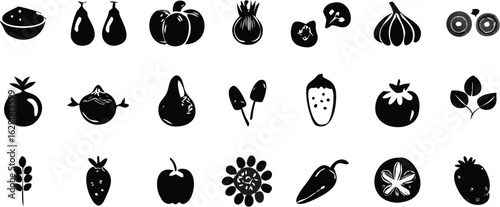 Illustration of various fruits and vegetables including pears tomatoes and strawberries in black and white
