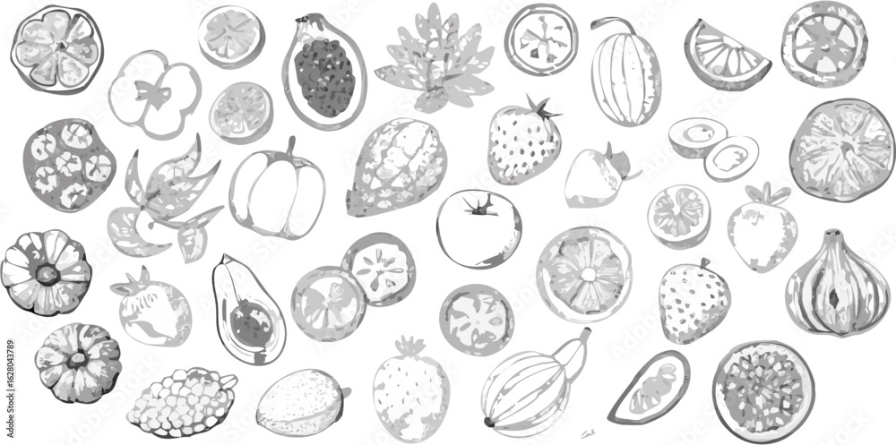 Monochrome assortment of fruits and vegetables in a watercolor style illustration design art piece Monochrome assortment of fruits and vegetables in a watercolor style illustration design art piece