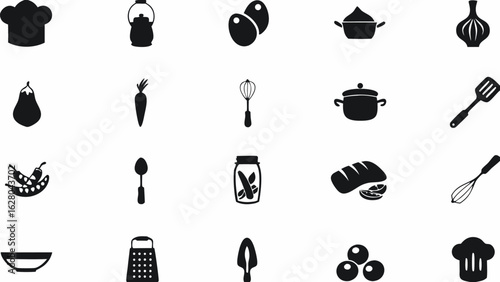Illustration of kitchen and food items including vegetables cookware and cooking utensils in silhouette