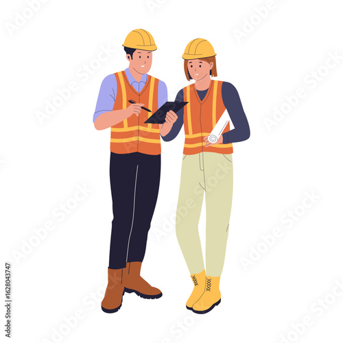Construction Workers Discussing Plans Illustration. Teamwork on Building Site. Illustrations for websites, landing pages, mobile apps, posters and banners
