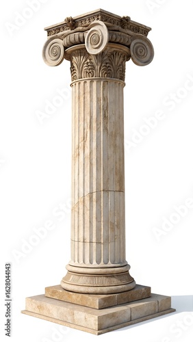 Ancient greek ionic column with decorative capital and stone base isolated on white background