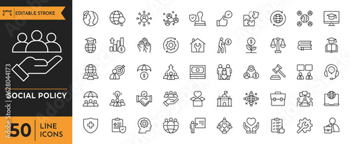 Social Policy icon set.Containing welfare, government, society, service, education, reform, health care, legislation, medicine, law and more.  editable stroke. vector illustration