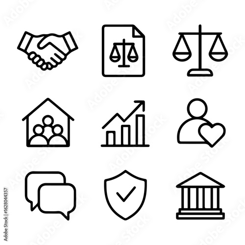 Black outline icons depicting law finance family and security concepts.