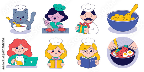 Cartoon Chefs and Cooks with Gifts, Recipes, and Kitchen Creations in Whimsical Style